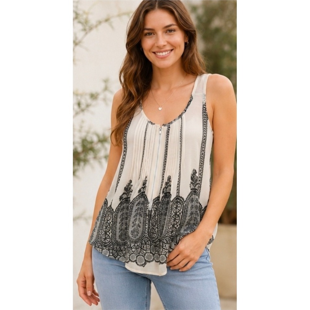 Iris Basic Cream Black Lace Print Pintuck Zipper Tank Top Sleeveless‎ Blouse S